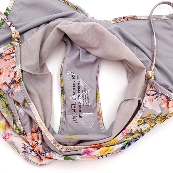 Rachel Roy Floral Print Mesh Inset Deep V-Neck One-Piece Swimsuit Fleur Silver S - Picture 10 of 12